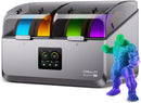 3D printer with colorful filament spools and a printed model on a white background