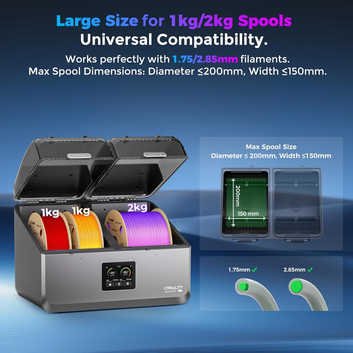 3D printing filament storage organizer with spools and compatibility details on a blue background