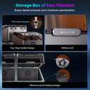 Storage box with features for filament storage, including PTFE tube connector, top/rear outlet design, and sliding lock.