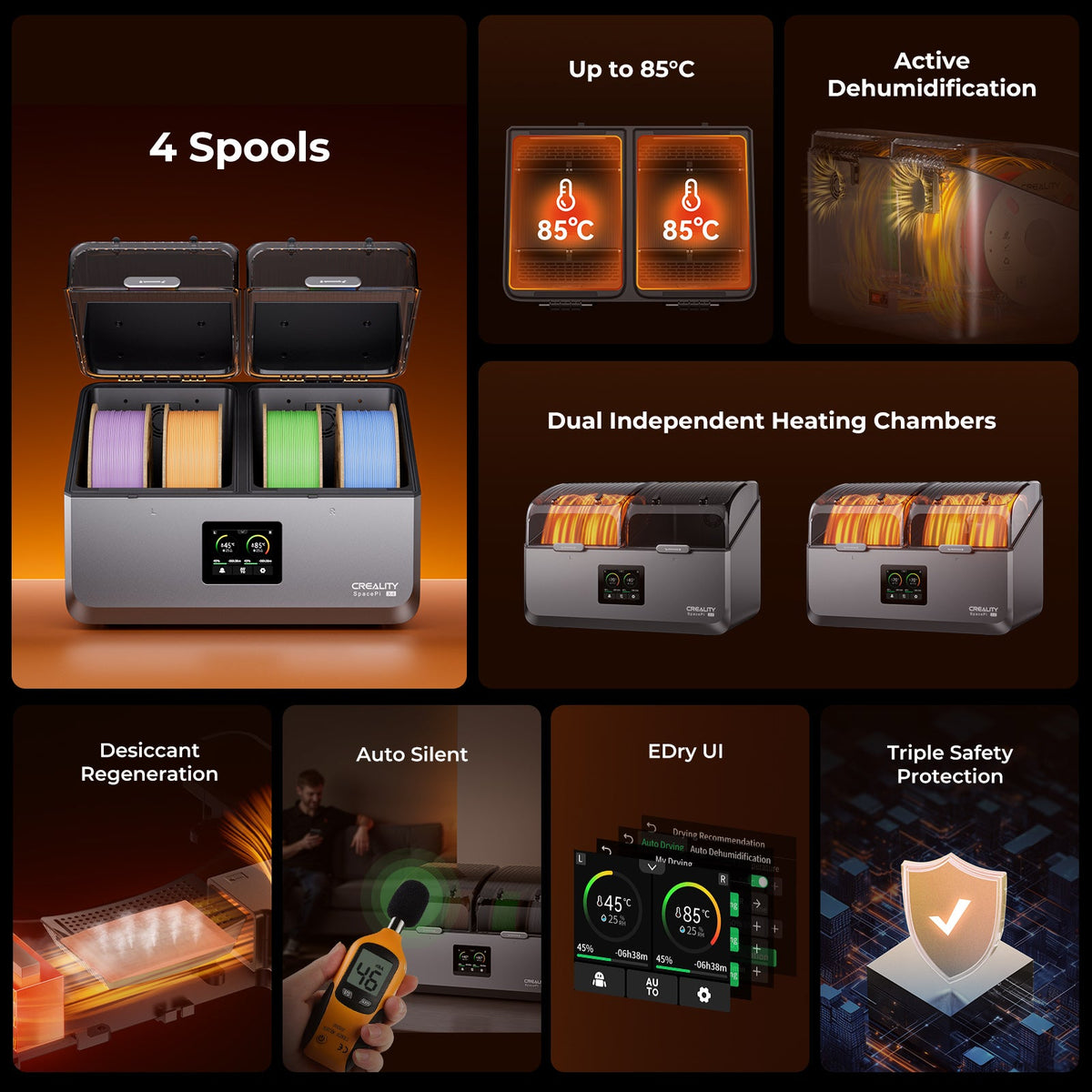Product display with features like '4 Spools', 'Dual Independent Heating Chambers', and 'Triple Safety Protection' on a dark background.