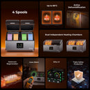 Product display with features like '4 Spools', 'Dual Independent Heating Chambers', and 'Triple Safety Protection' on a dark background.