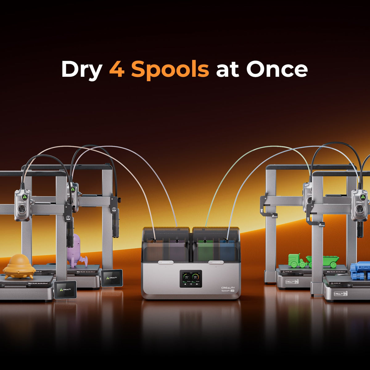 Multiple 3D printers with spools of filament on a dark background with 'Dry 4 Spools at Once' text.