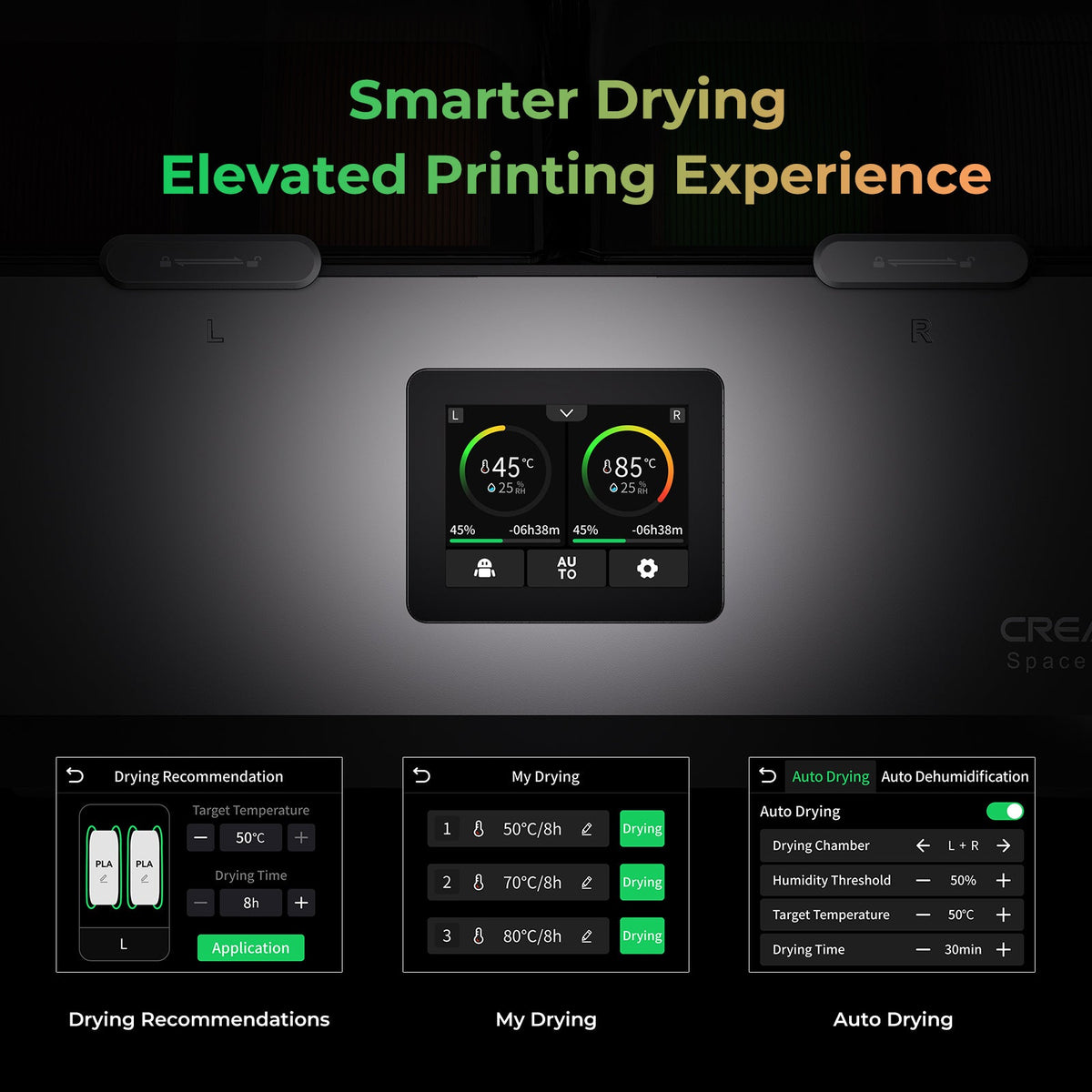 Control panel with digital display and buttons for smart drying and printing, featuring Creare Space branding.