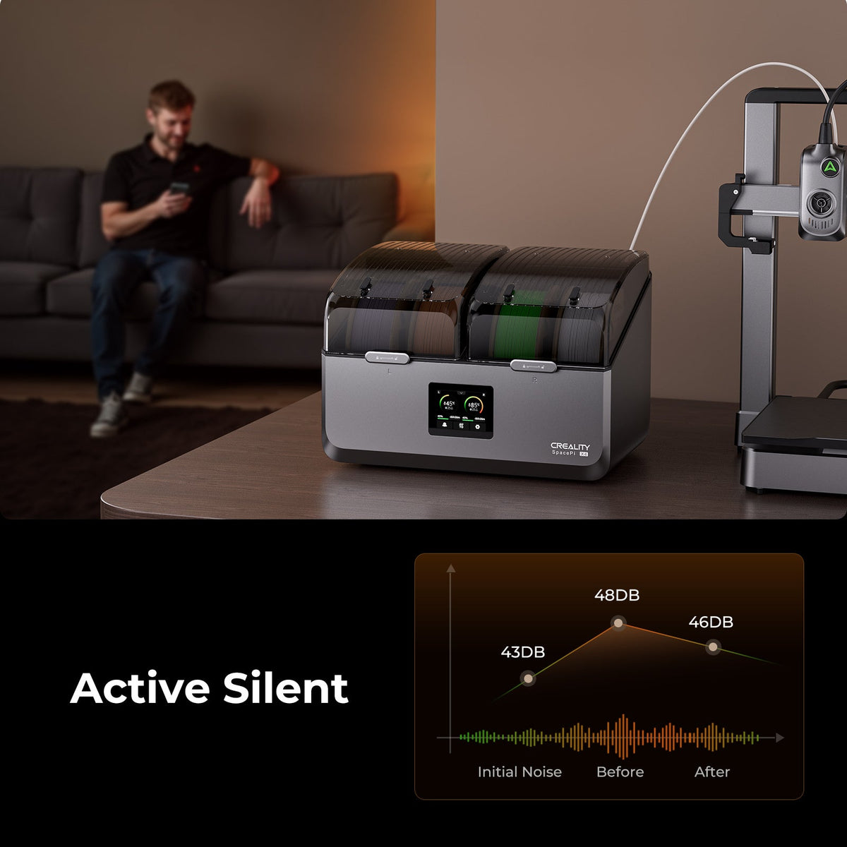 Dishwasher with a man using a tablet in the background, emphasizing 'Active Silent' feature.