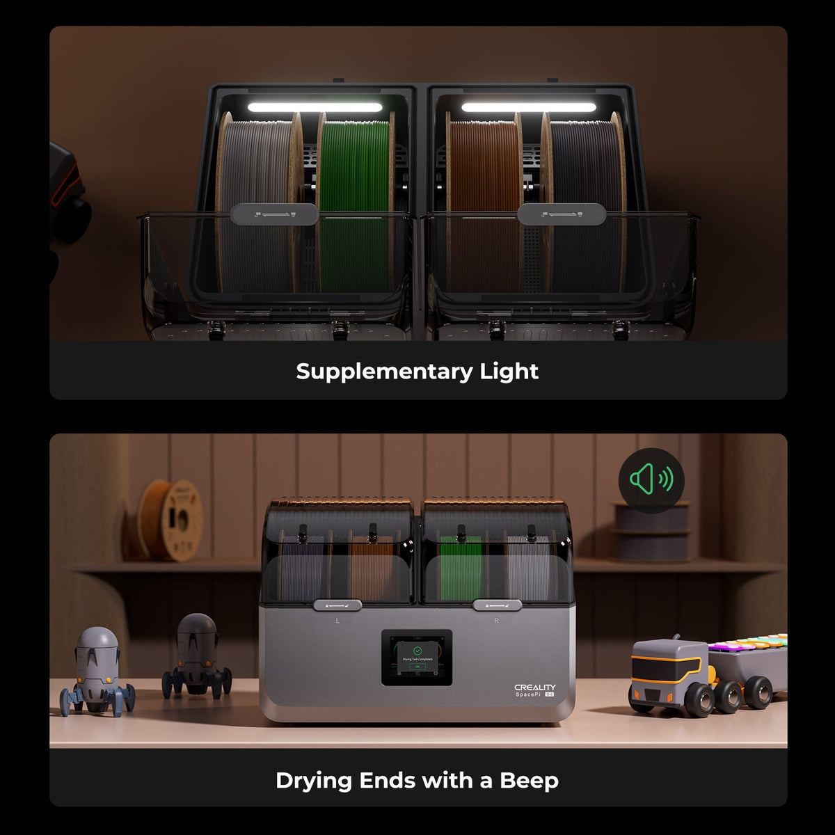 Textured fabric samples in a machine with supplementary light and drying process shown.