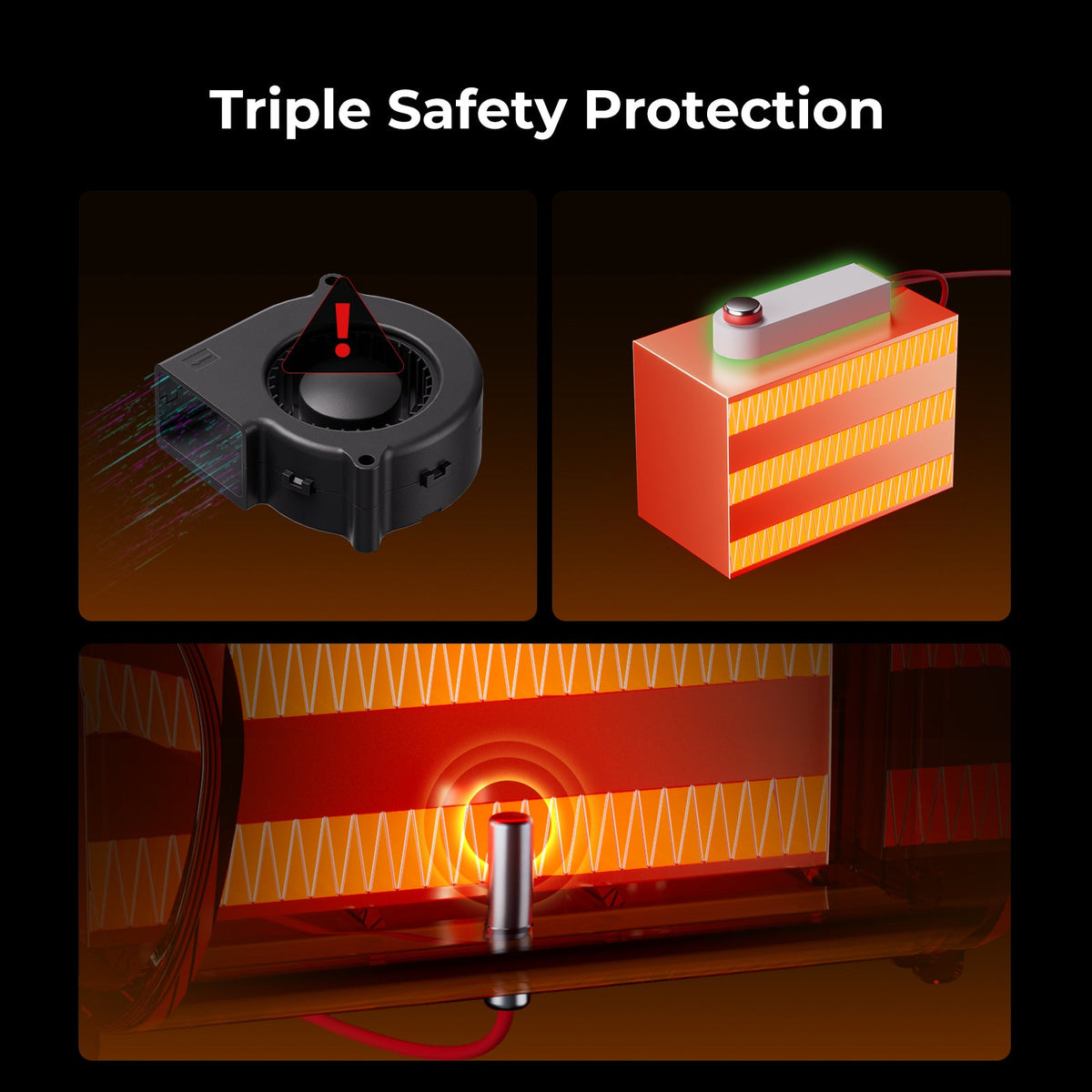 Triple safety protection features with a black component, battery, and red light on a dark background.