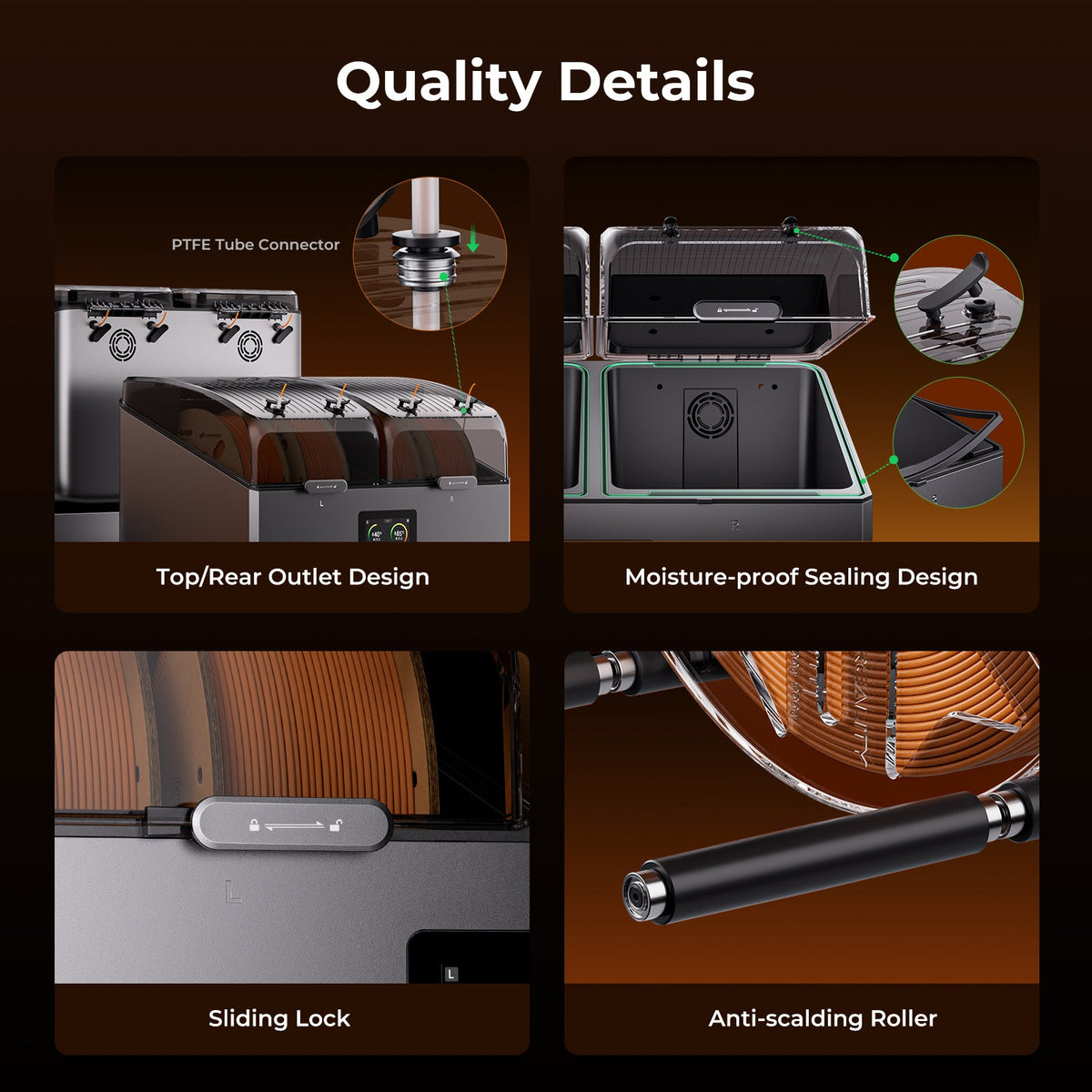 Quality details of a product with various features highlighted on a dark background.