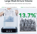 3D printing resin wash and cure volume with a person holding a printed object and resin in a basket.