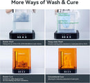 Diagram showing different ways to wash and cure prints using a 3D printing machine.