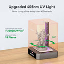 UV light curing device with a resin sculpture on a wooden surface, highlighting upgraded 405nm UV light.