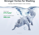 Illustration of a dragon-like creature in water with text about a stronger vortex for washing.