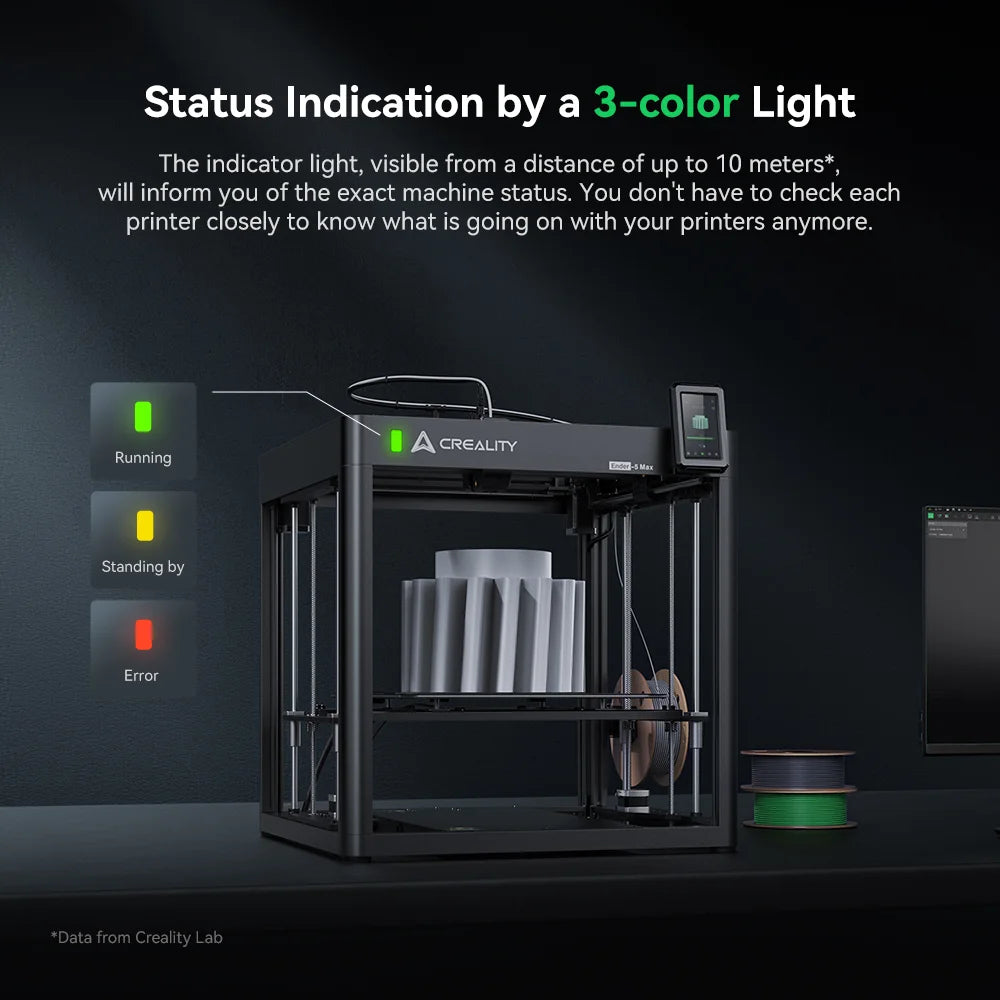 Creality Ender-5 Max 3D printer with a 3-colour status indicator light — green for running, amber for standby, red for error — visible up to 10 metres, so you can monitor print progress from across the room.
