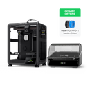 Creeality 3D printer with a clear display case on a white background, featuring combo offer text.