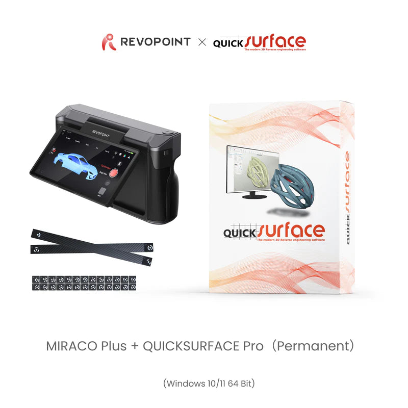 Revopoint MIRACO Plus scanner and QuickSurface Pro software-box graphic on a white background.