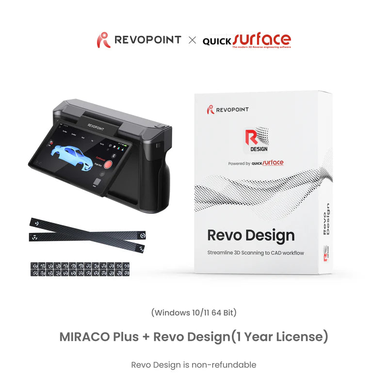 Revopoint MIRACO Plus scanner and design-software graphic with QuickSurface branding.