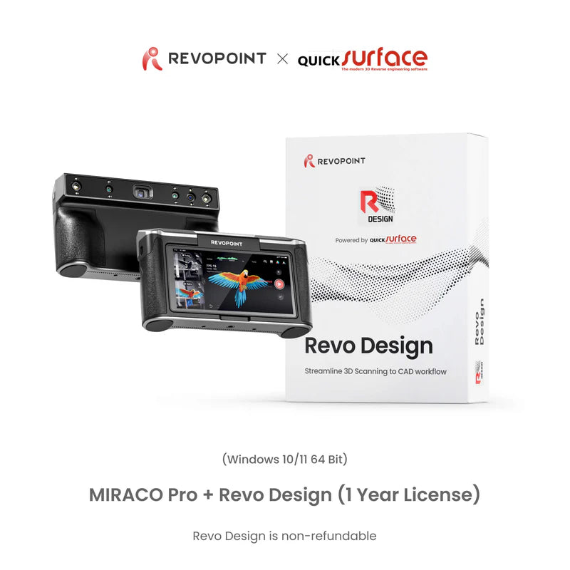 Revopoint 3D scanning and design-system graphic with QuickSurface branding.