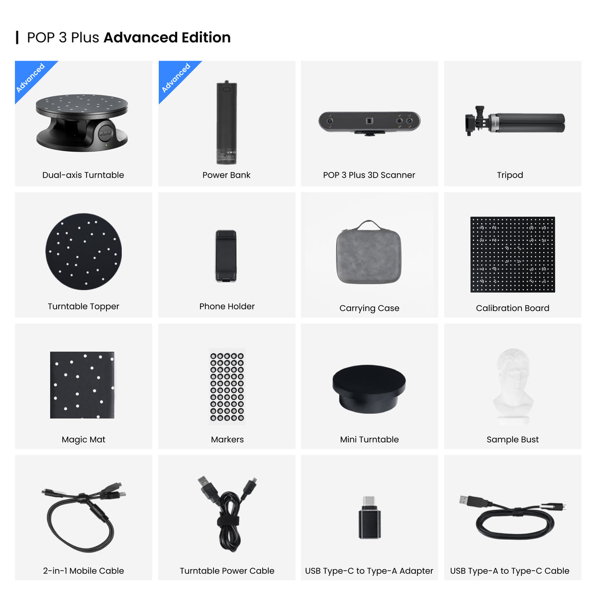 Revopoint POP 3 Plus kit display showing the scanner, carrying case, turntable and USB cable.
