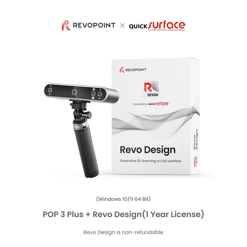 Revopoint POP 3 Plus scanner and Revo Design software-box graphic with QuickSurface branding on a white background.