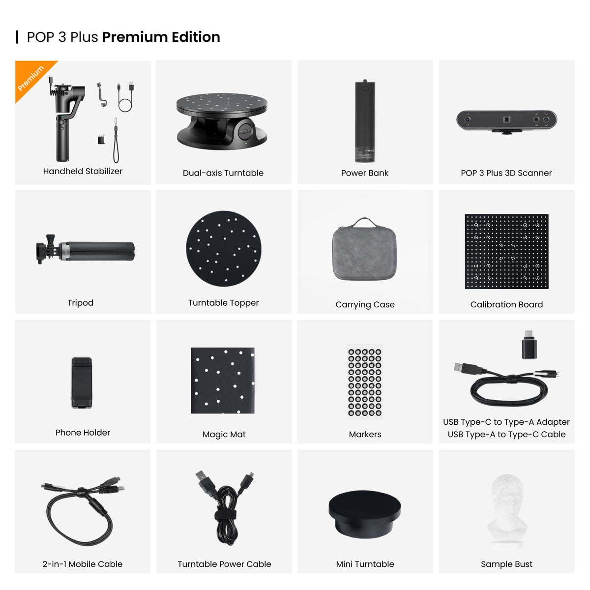 Revopoint POP 3 Plus kit display showing the scanner, hard-shell case, turntable and USB cables.