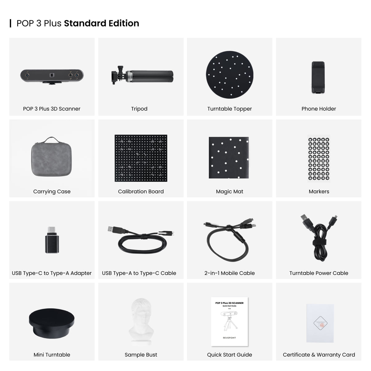 Revopoint POP 3 Plus Standard package display showing the scanner, USB-C cable, power adapter and calibration board.