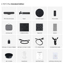 Revopoint POP 3 Plus Standard Edition package contents laid out on a white background, including the scanner, USB-C cable, power adapter, and calibration board.