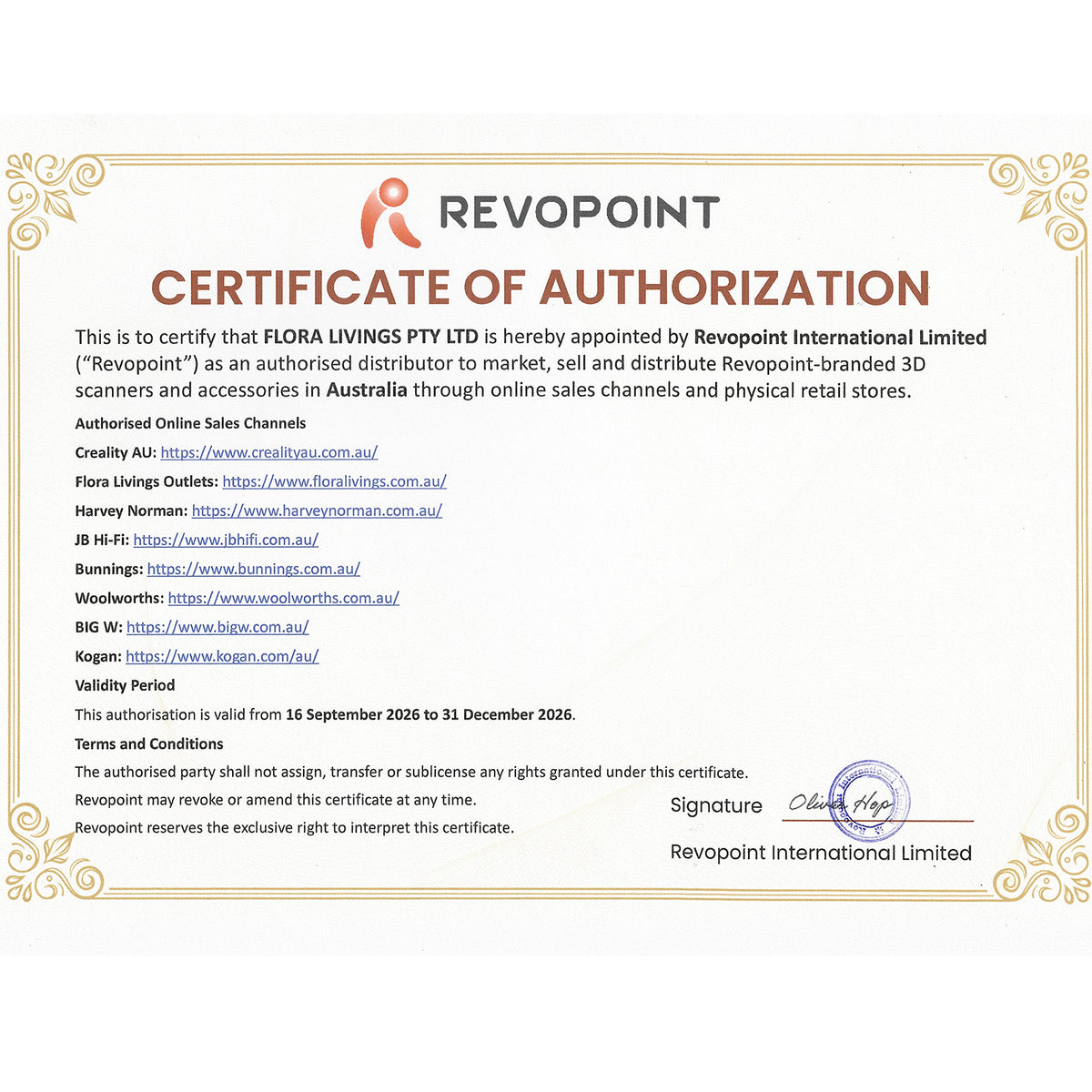 A certificate of authorization document from Revopoint International Limited, featuring a white background with a decorative gold border, the Revopoint logo at the top, and text detailing authorized online sales channels and partner websites.