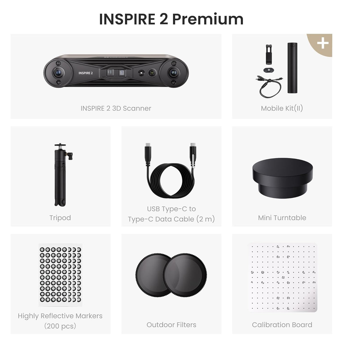 Revopoint INSPIRE 2 Premium Edition scanner and accessories on a white background.