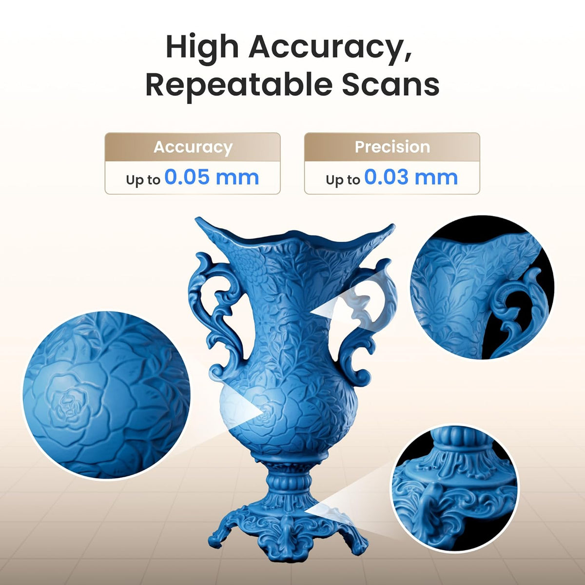Revopoint INSPIRE 2 graphic with a blue decorative vase, close-up details and scanning accuracy information.