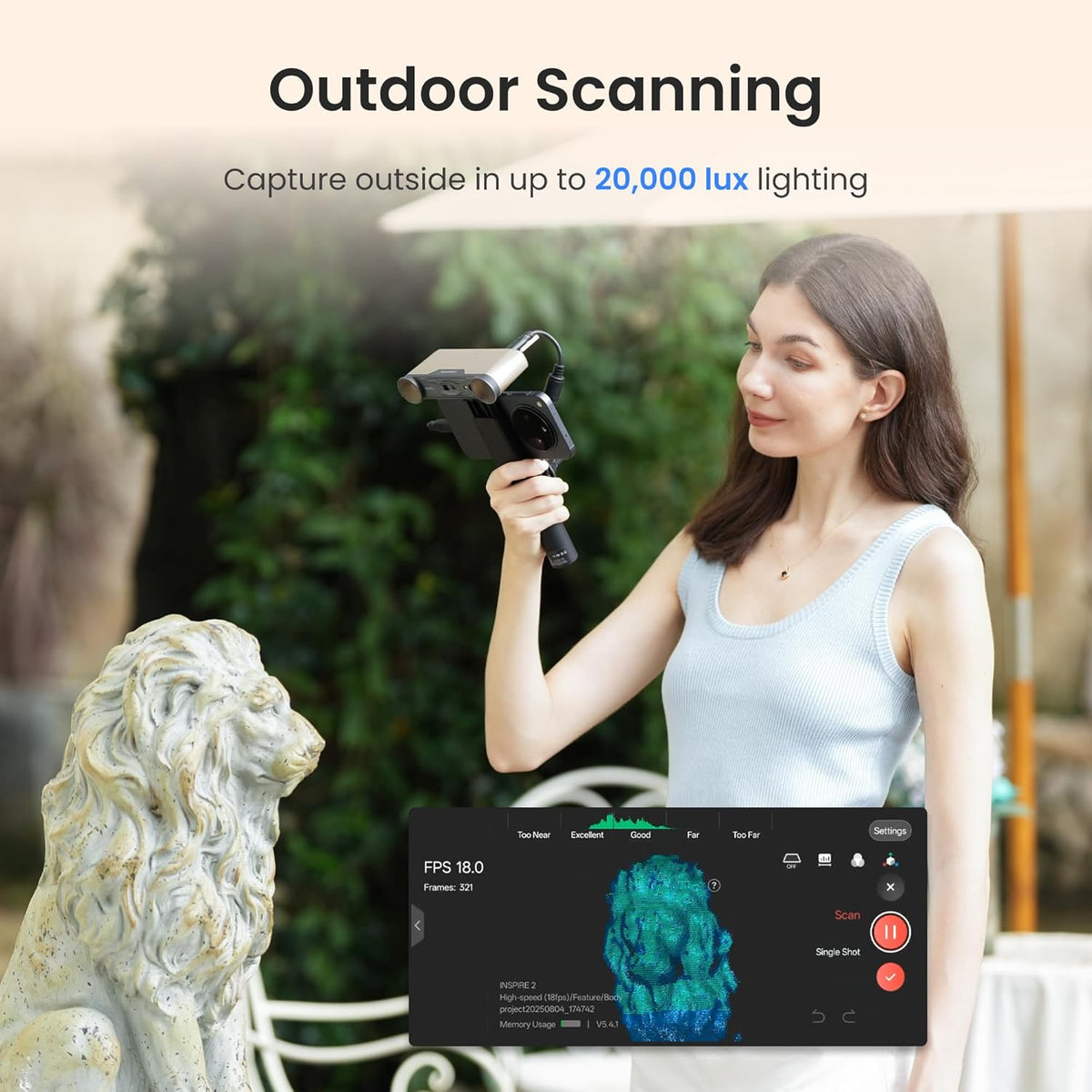 A woman holding a scanning device outdoors in a Revopoint INSPIRE 2 outdoor-scanning graphic.