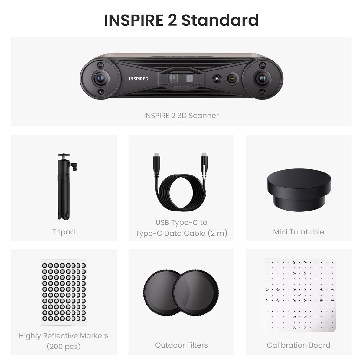 Revopoint INSPIRE 2 Standard Edition scanner and accessories on a white background.