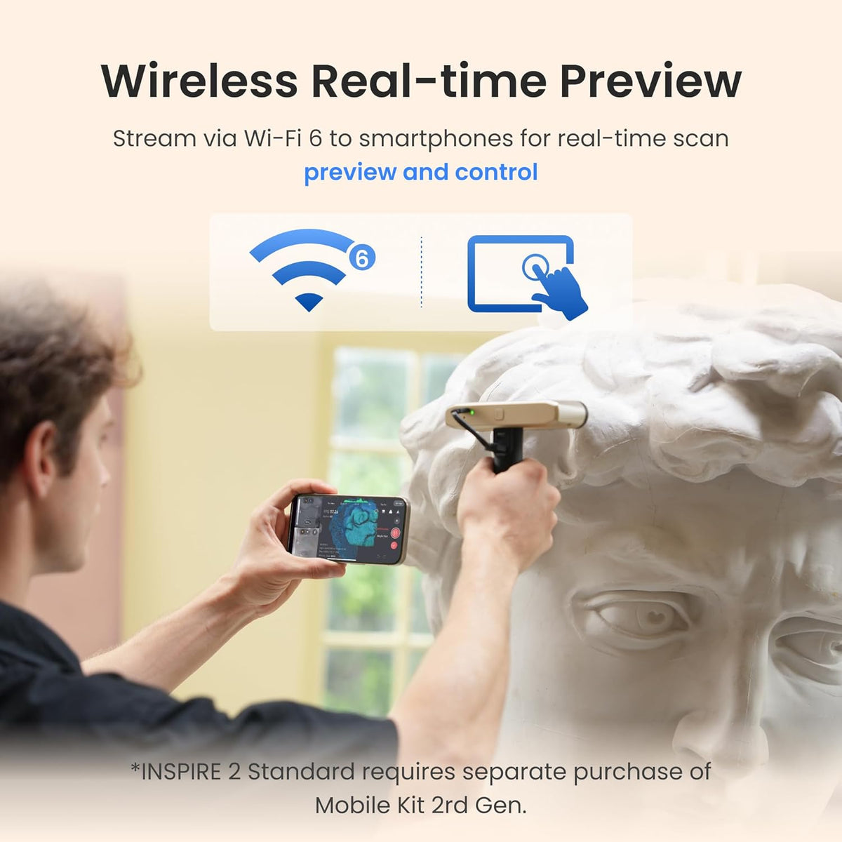 Revopoint INSPIRE 2 graphic showing a smartphone preview during sculpture scanning, with wireless connection information.