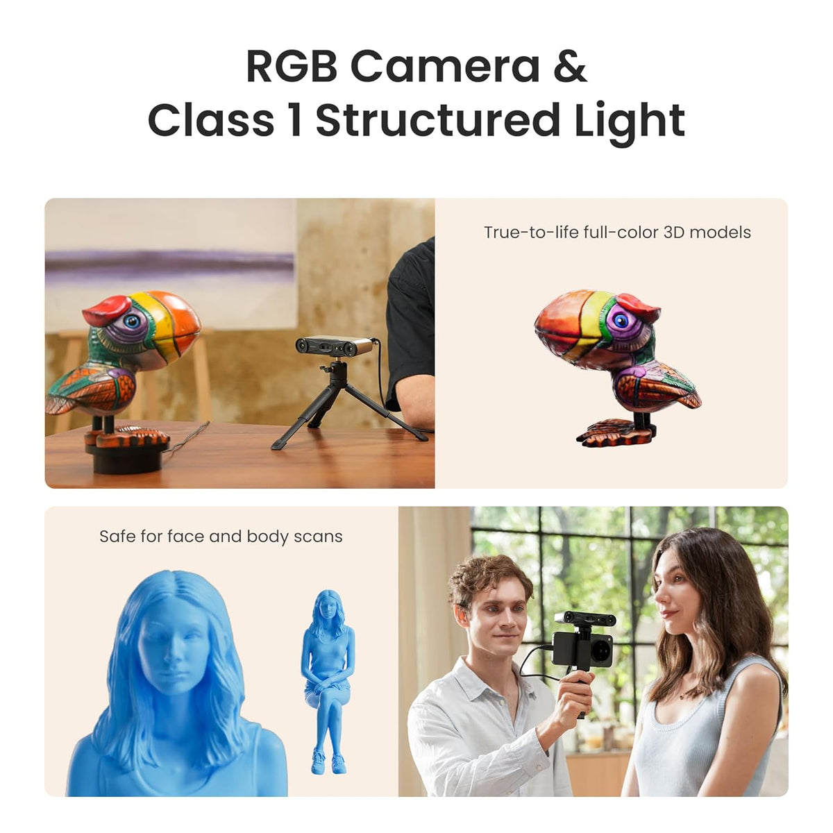 Revopoint INSPIRE 2 graphic showing an RGB camera, structured-light scanning and example 3D models.