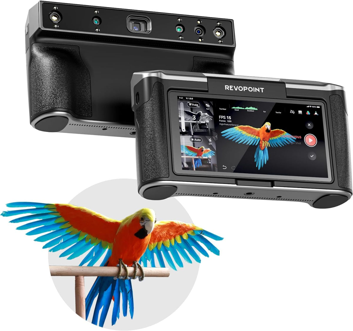 Front view of a Revopoint MIRACO 3D scanner showing its touchscreen and camera array on a white background.