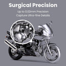 Revopoint MIRACO accuracy specification graphic showing up to 0.05 mm single-frame precision and a 48-megapixel RGB camera for photorealistic full-color 3D models.