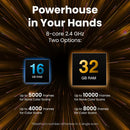 Revopoint MIRACO battery and charging infographic showing a 5000 mAh built-in battery providing up to 2 hours of scanning, with 50W fast charging reaching 80% capacity in 35 minutes.