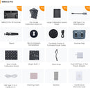 Revopoint MIRACO Pro Edition package contents laid out on a white background, including the scanner, USB-C cable, 50W power adapter, wrist strap, and calibration marker sheet.