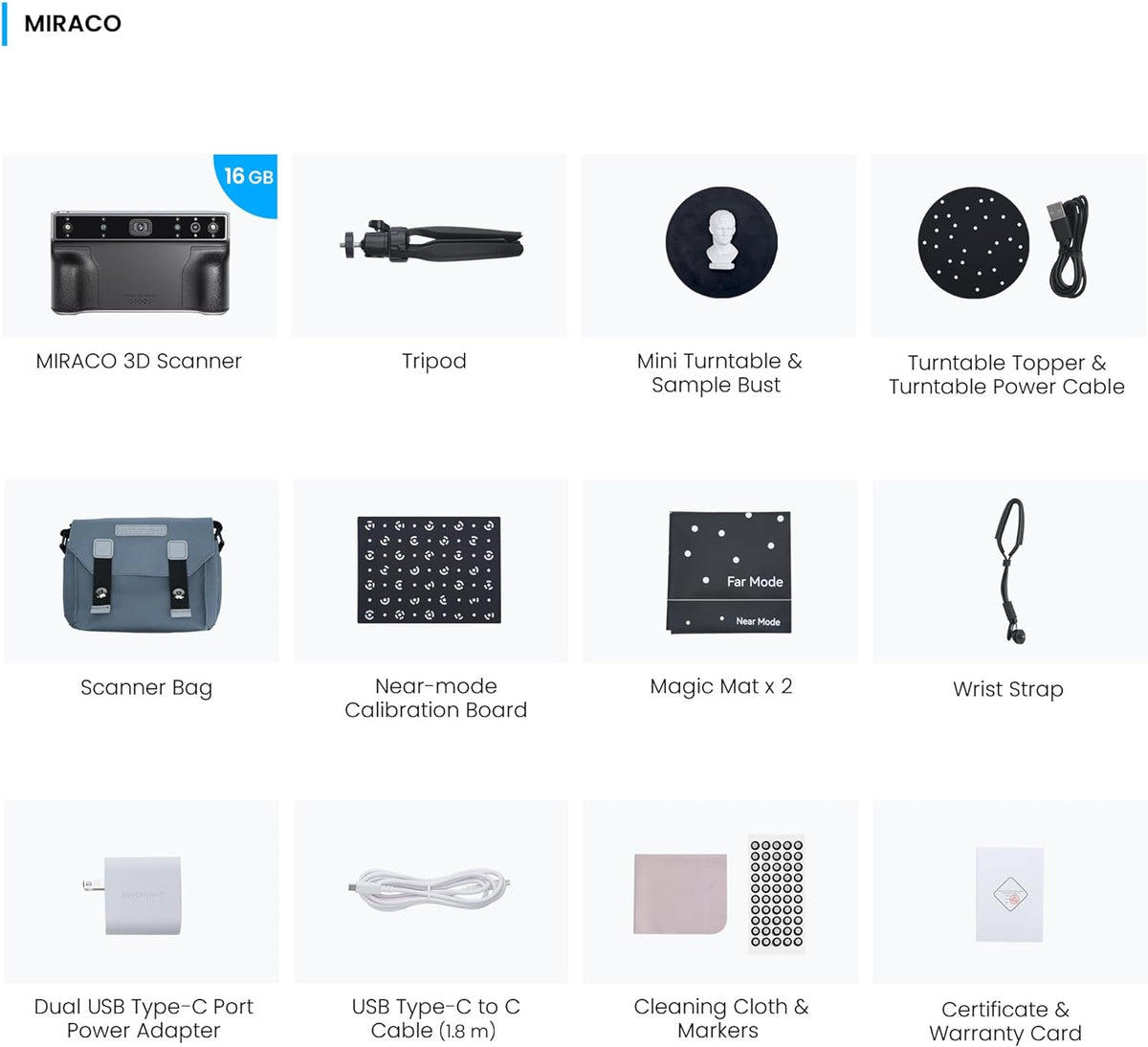 Revopoint MIRACO Standard package display showing the scanner, USB-C cable, power adapter, wrist strap and calibration markers.