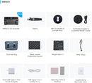 Revopoint MIRACO Standard Edition package contents laid out on a white background, including the scanner, USB-C cable, 50W power adapter, wrist strap, and calibration marker sheet.