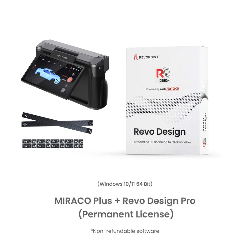 Revopoint MIRACO Plus scanner and Revo Design software-box graphic on a white background.