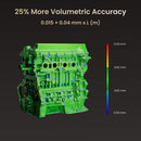 Revopoint MetroY 3D Scanner Green engine block with volumetric accuracy measurement on a black background