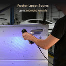 Person using a Revopoint MetroY 3D Scanner on a vehicle component with text about faster laser scans.