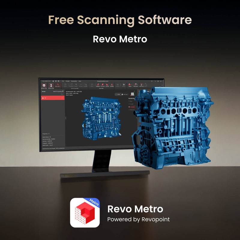 Revo Metro software displaying a 3D engine-block model in the Revopoint MetroY Ultra gallery.