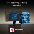 3D engine block model displayed on a computer screen with Revo Metro software, featuring the Revo Metro logo.