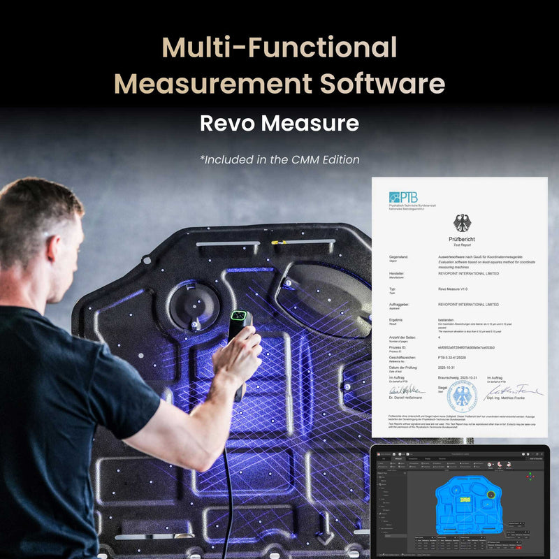 A person using a Revopoint MetroY Ultra scanner with Revo Measure software displayed on a screen.