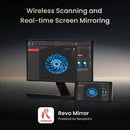 Monitor and smartphone displaying screen mirroring technology with Revo Mirror branding.