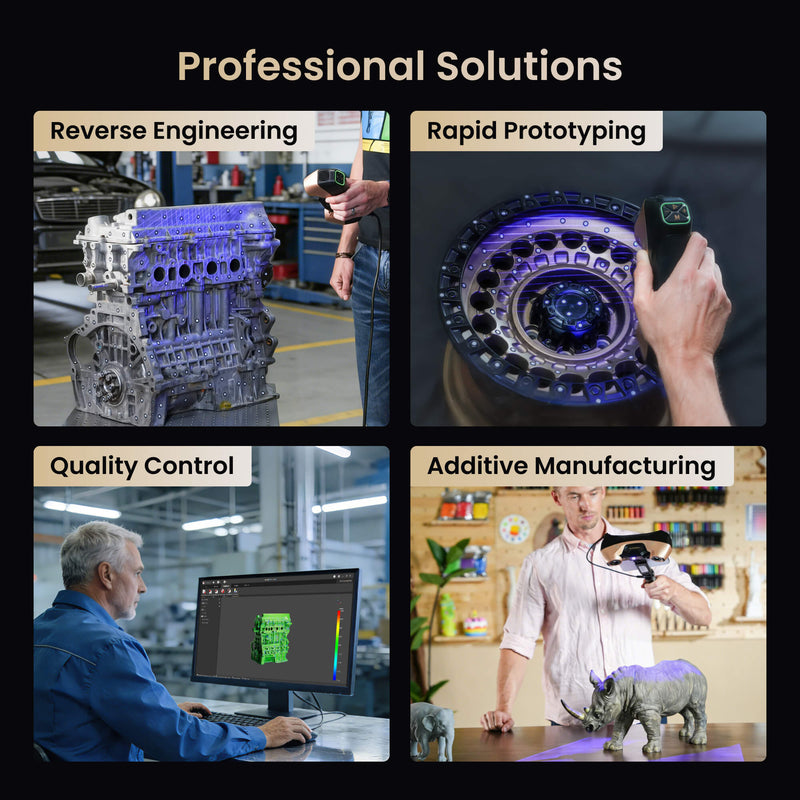 Revopoint MetroY Ultra application collage showing reverse engineering, prototyping, quality control and additive manufacturing.