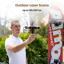 Person holding a Revopoint MetroY 3D Scanner scanning device with a skateboard in the background