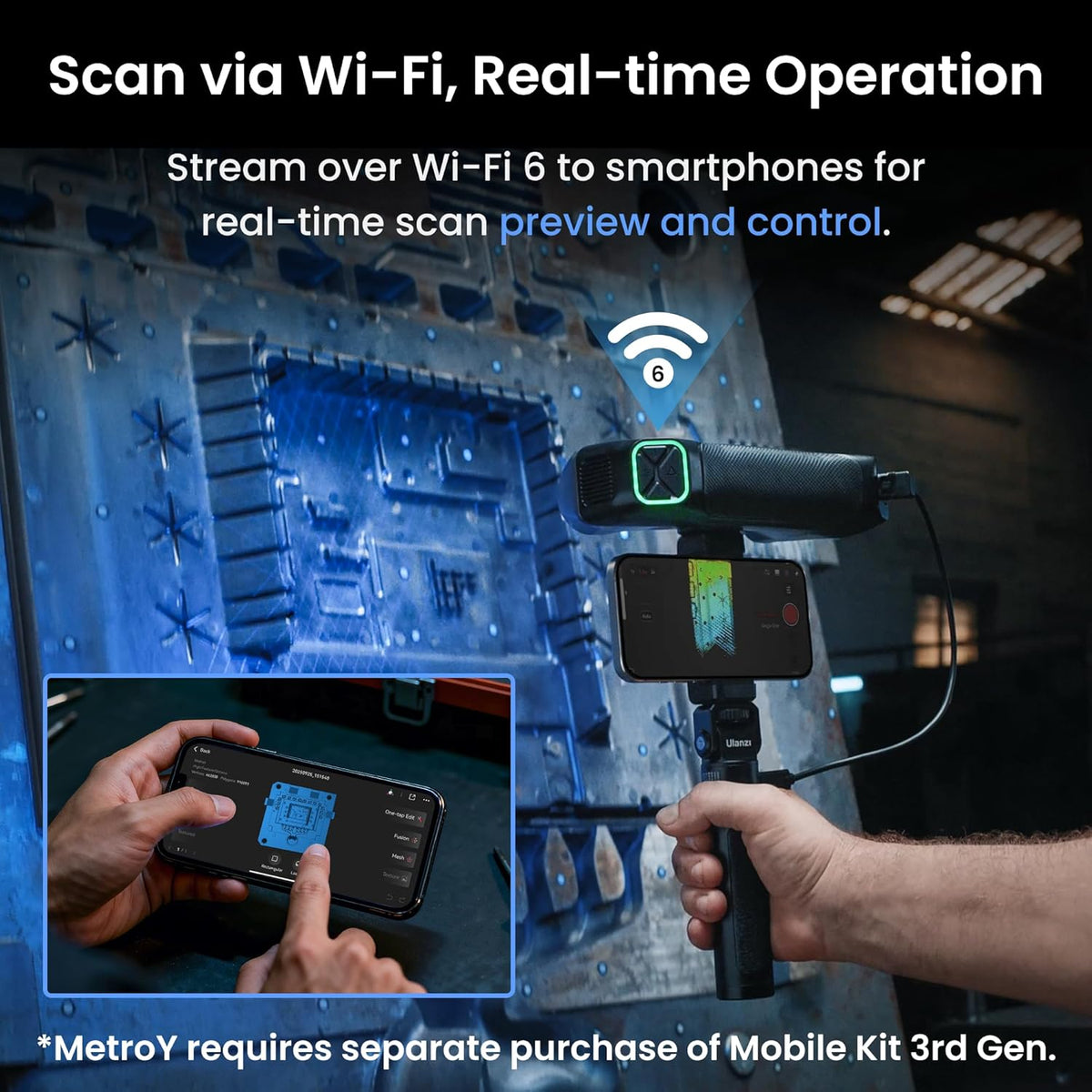 Revopoint MetroY series graphic showing a scanning device, smartphone interface and Wi-Fi connection information.