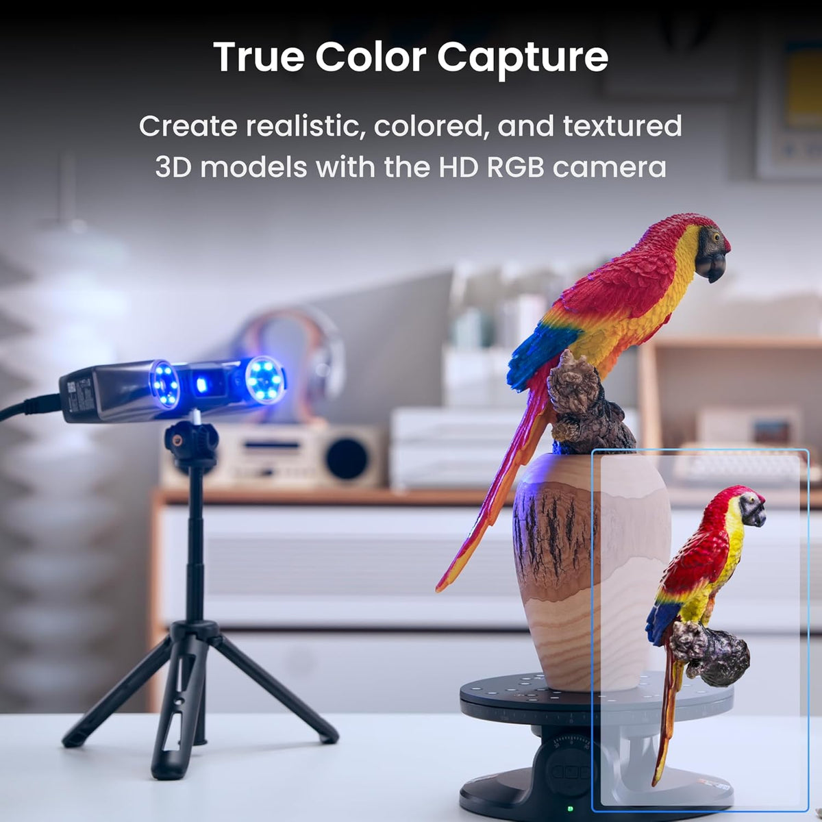 Revopoint MetroY series scanner with a parrot model on a stand in a colour-capture demonstration.