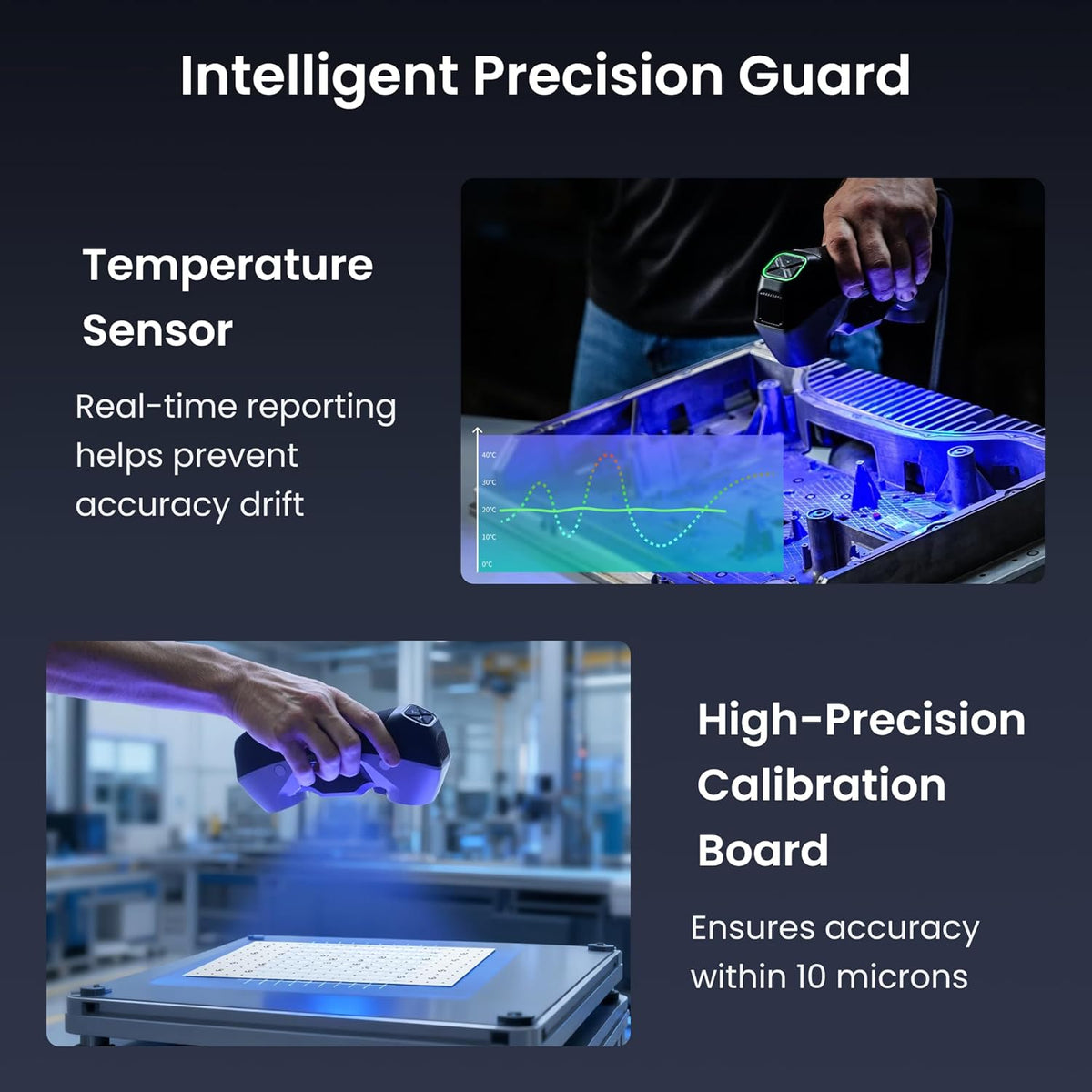 Revopoint MetroY series graphic showing a temperature sensor and calibration board on a dark background.